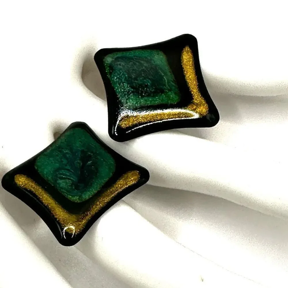 Green and gold enamel square post earrings